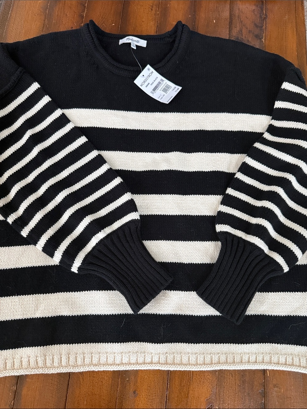 Madewell Black and Cream Striped Crewneck Knit